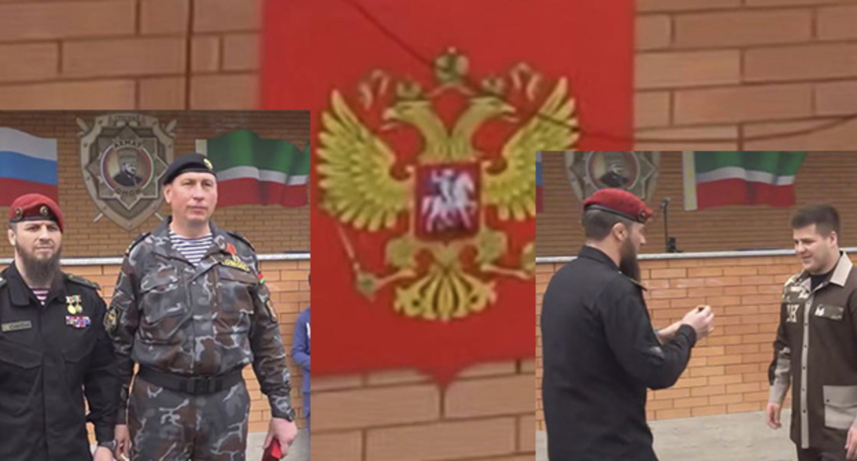 Награждение Адама Кадырова, герб России без крестов. Коллаж "Кавказского узла". 12 мая 2025 г. Скриншот видео https://lenta.ru/news/2025/05/13/na-nagrazhdenii-adama-kadyrova-zametili-gerb-rossii-bez-krestov/ https://t.me/RKadyrov_95/5727
