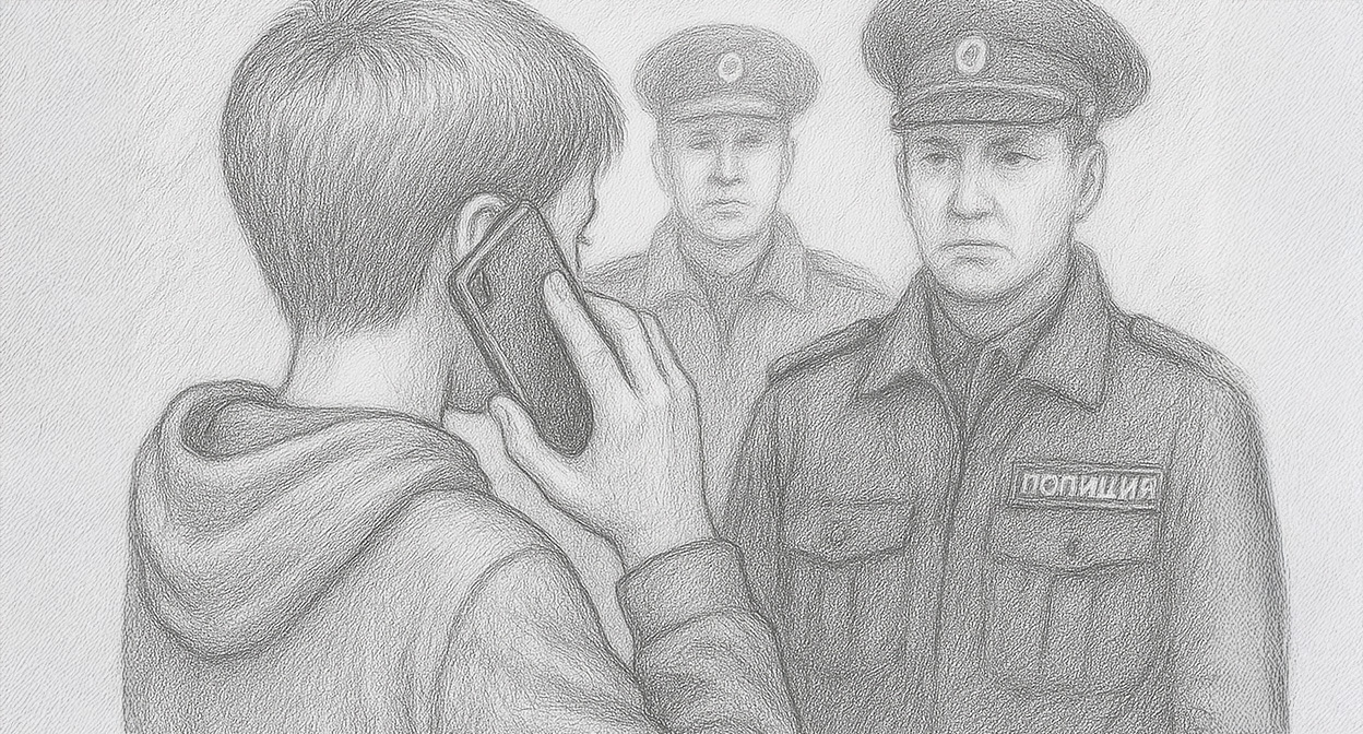 Подросток и полиция. Иллюстрация создана «Кавказским узлом» с помощью ИИ в программе Copilot